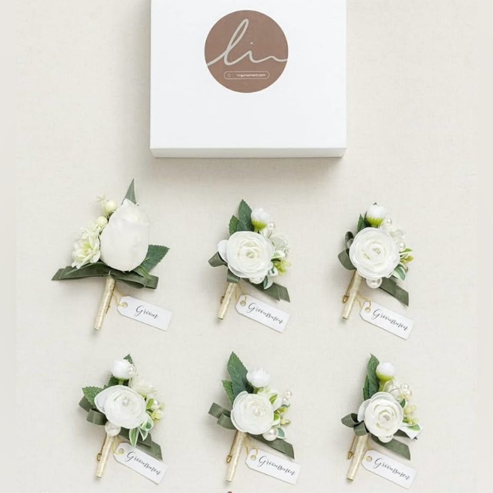 White and Green Boutonniere for Groom and 5 groomsmen